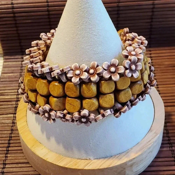 90s Y2K Vintage Brown Wood Mauve Purple Acrylic Flower Beads Adjustable Bracelet - Picture 1 of 10